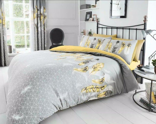 Grey and Ochre Feathers Geometric Reversible Duvet Set