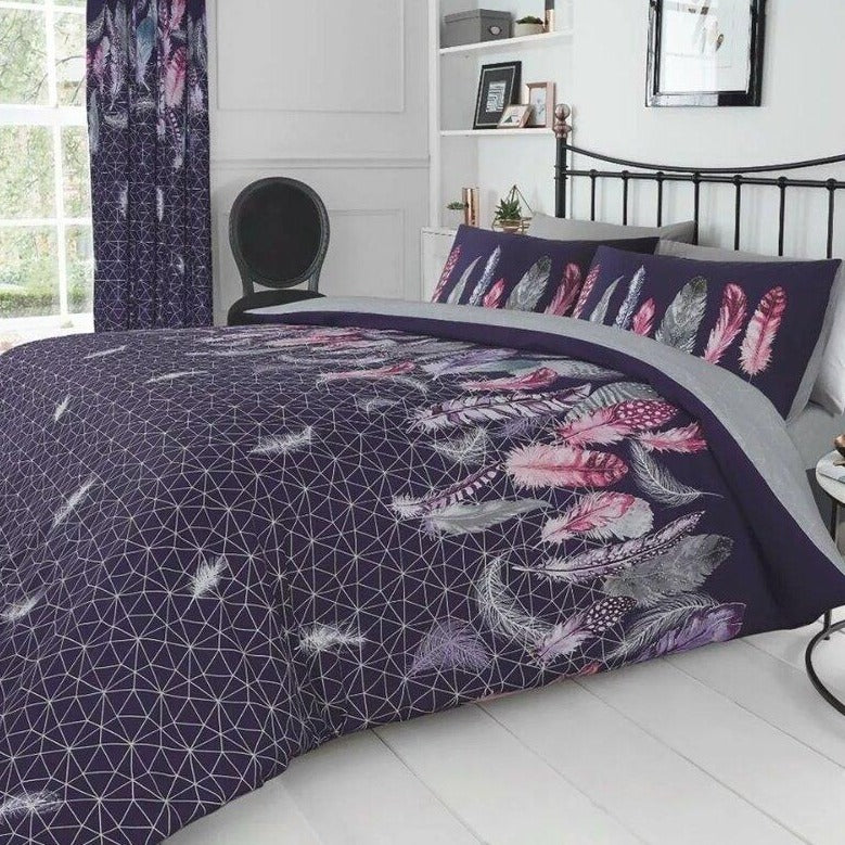 Purple Feathers Geometric Reversible Duvet Set