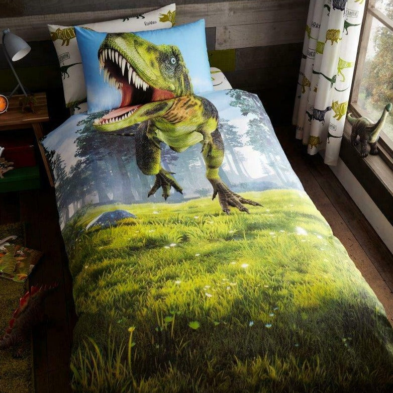Dinosaur Panel Reversible Kids Single Duvet Cover & Pillowcase