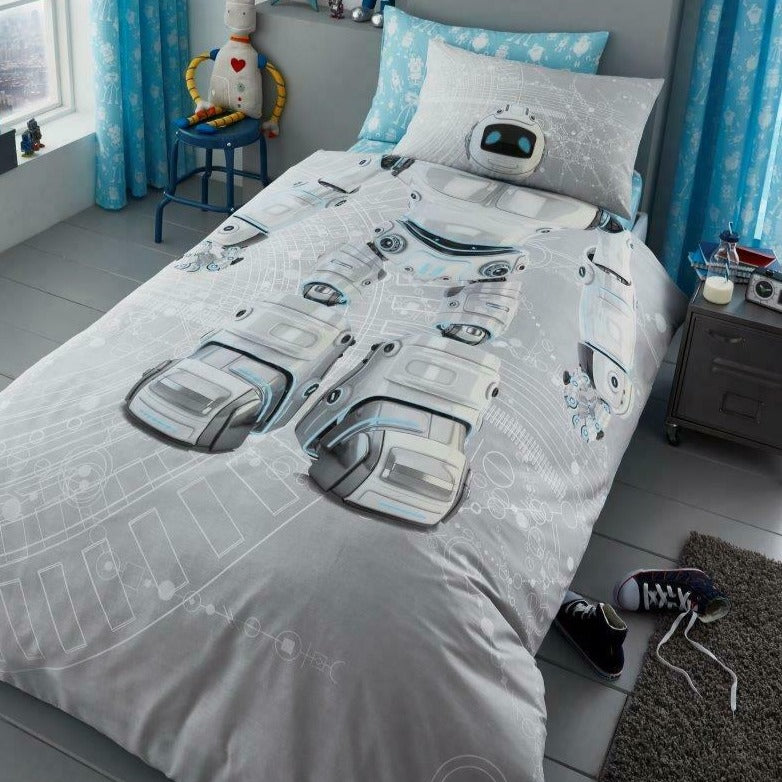 Robot Panel Reversible Kids Single Duvet Cover & Pillowcase