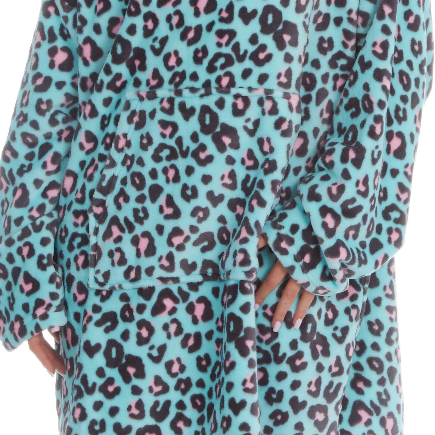 Aqua Leopard Print Oversized Sherpa Fleece Hoodie Blanket