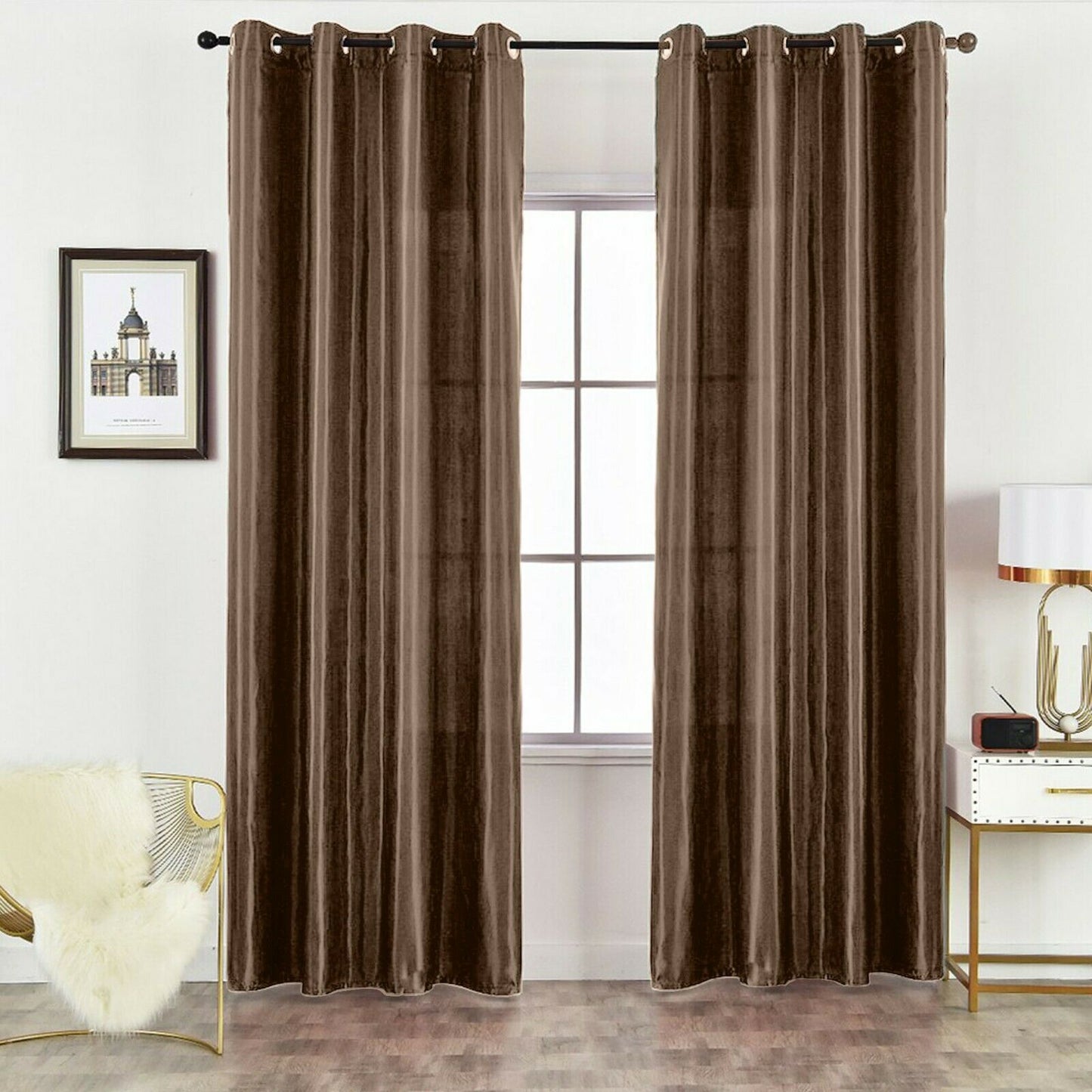 Luxury Faux Silk Eyelet Curtains (Natural Latte)