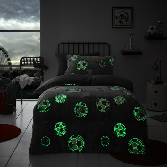 Teddy Fleece Glow in the Dark Grey Football Duvet Set