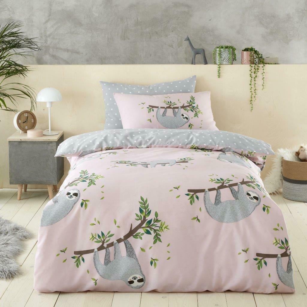Pink Sloth Reversible Kids Single Duvet Cover & Pillowcase