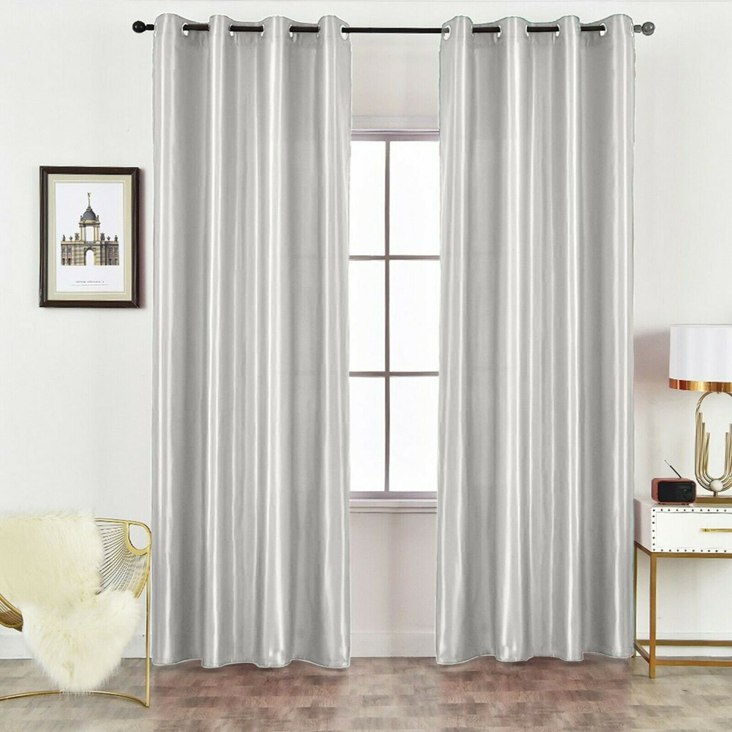 Luxury Faux Silk Eyelet Fully Lined Curtains (Silver)