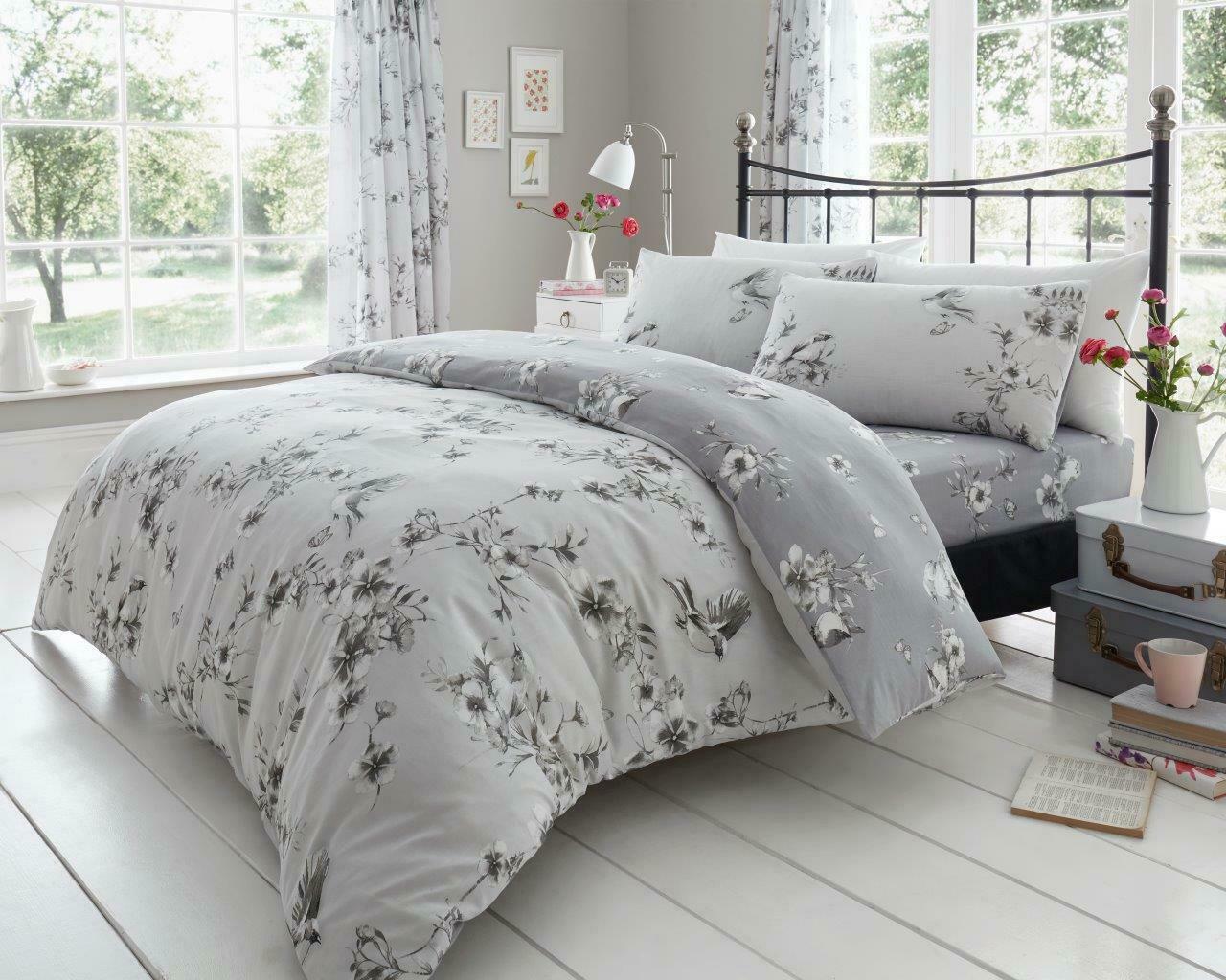 Grey Birdie Blossom Floral Reversible Duvet Set