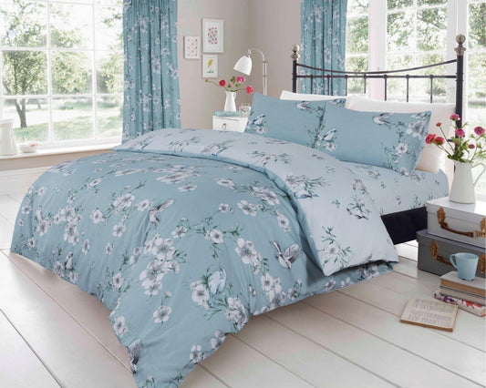 Duck Egg Birdie Blossom Floral Reversible Duvet Set