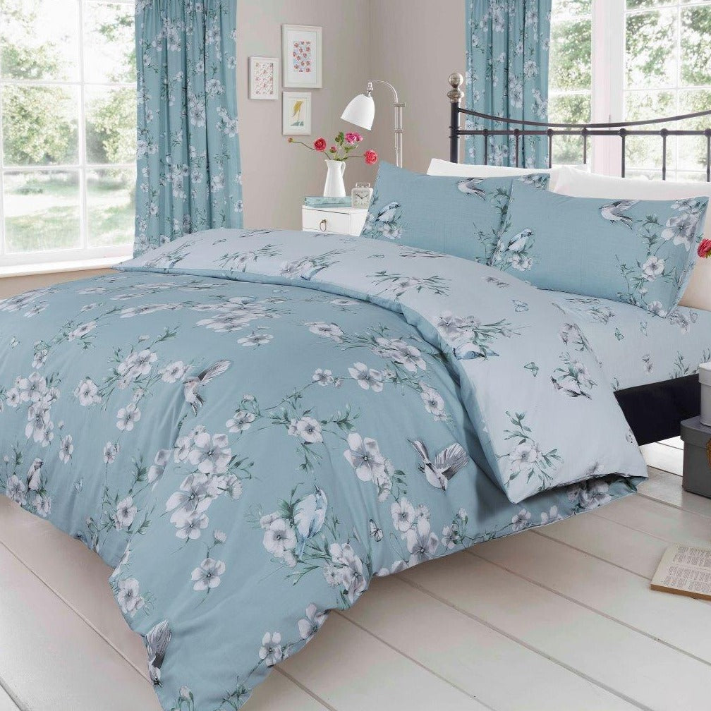 Duck Egg Birdie Blossom Floral Reversible Duvet Set