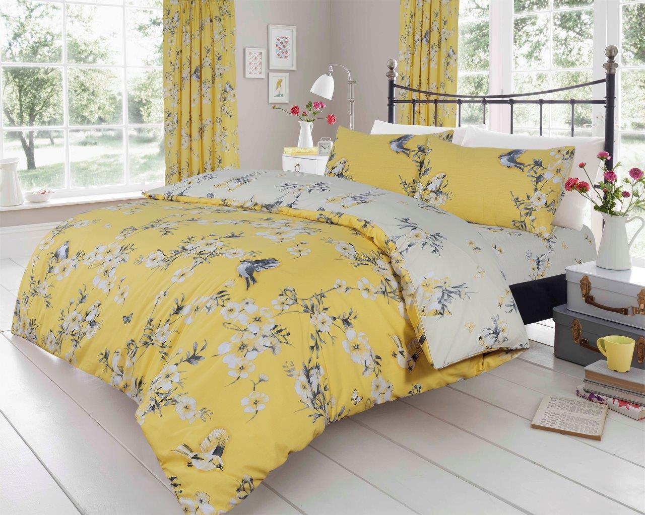 Ochre Birdie Blossom Floral Reversible Duvet Set