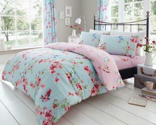 Blue Birdie Blossom Floral Reversible Duvet Set