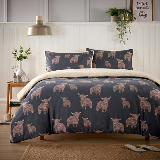 Highland Cow Teddy Duvet Set With Reversible Sherpa Fleece Fur