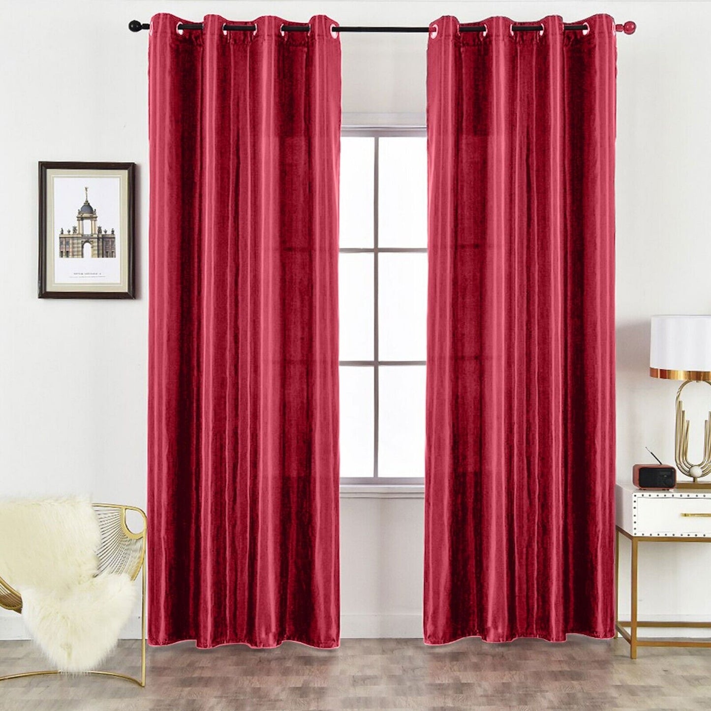 Luxury Faux Silk Eyelet Curtains (Red)