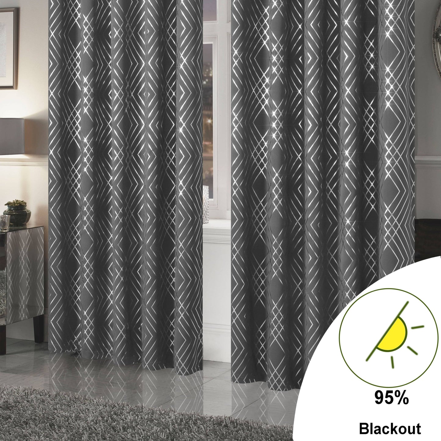 Charcoal and Silver Geo Sparkle Blackout Eyelet Curtain Pair