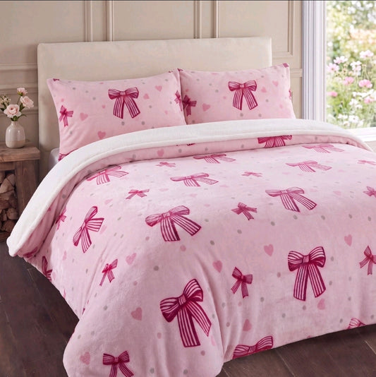 Pink Bow Teddy Duvet Set With Reversible Sherpa Fleece Fur