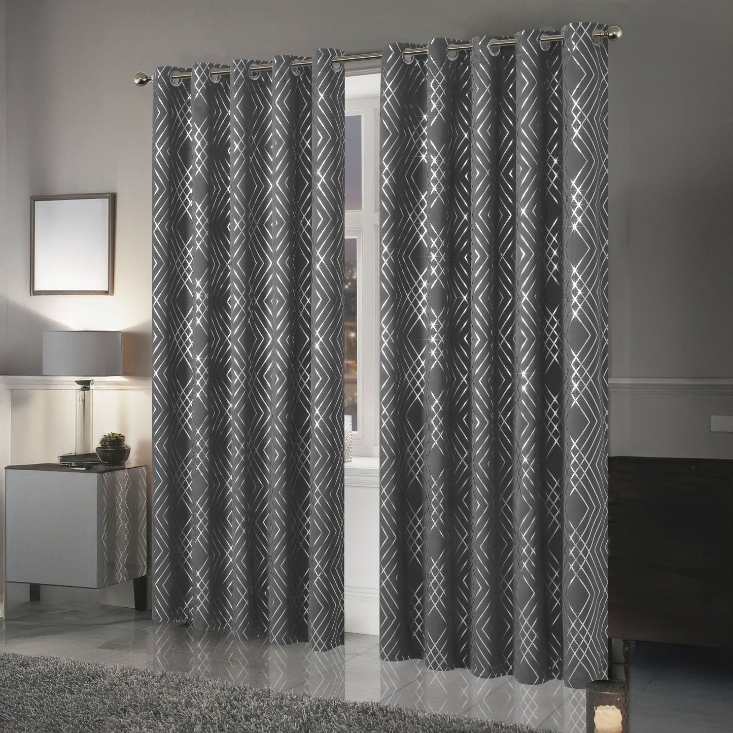 Charcoal and Silver Geo Sparkle Blackout Eyelet Curtain Pair