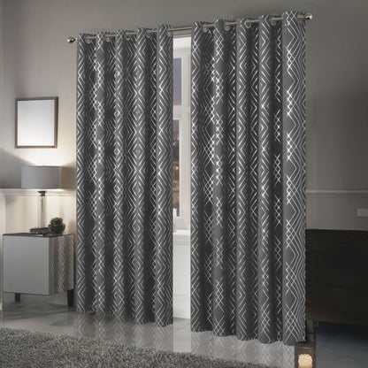 Charcoal and Silver Geo Sparkle Blackout Eyelet Curtain Pair