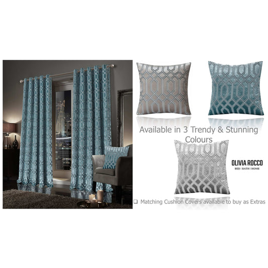 Teal Blue Geo Velvet Thermal Blackout Eyelet Luxury Curtain Pair