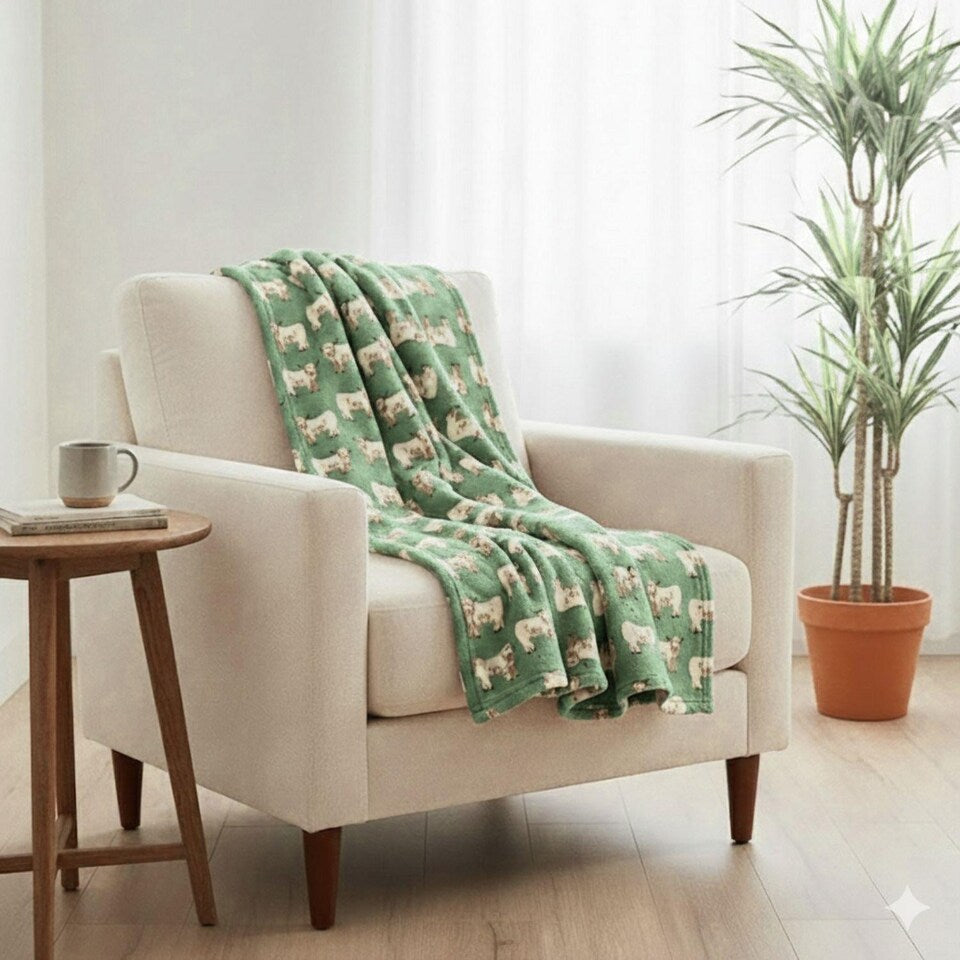 Highland Cow Blanket Flannel Throw - Green