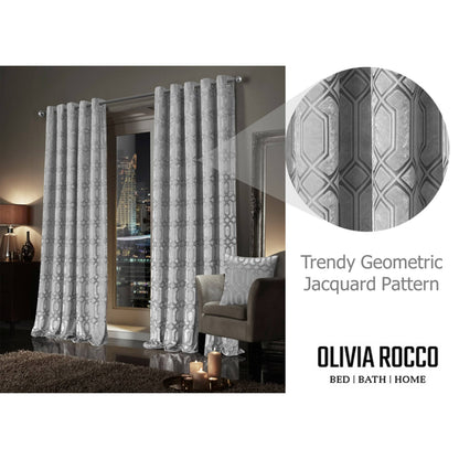 Grey Geo Velvet Thermal Blackout Eyelet Luxury Curtain Pair
