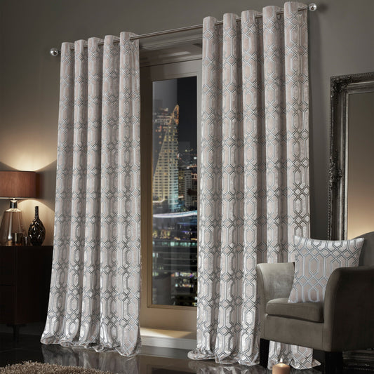 Champagne Geo Velvet Thermal Blackout Eyelet Luxury Curtain Pair