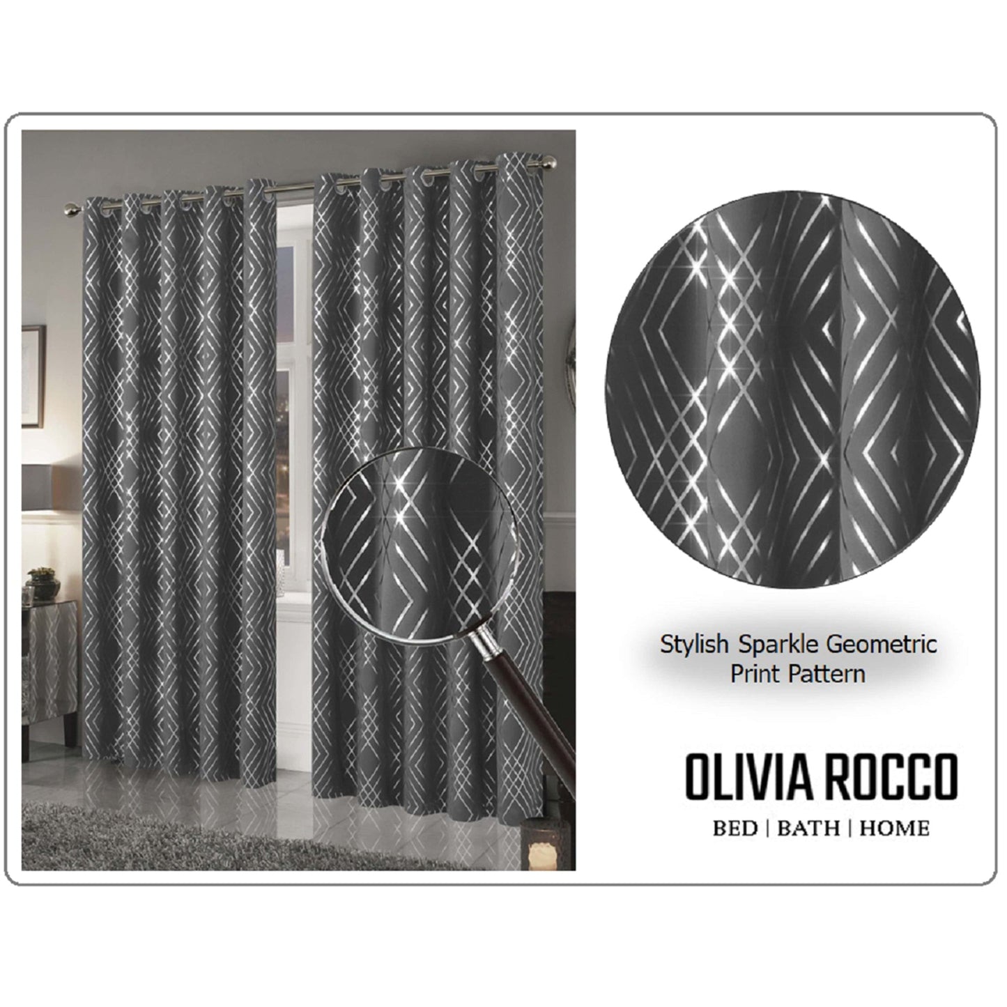Charcoal and Silver Geo Sparkle Blackout Eyelet Curtain Pair
