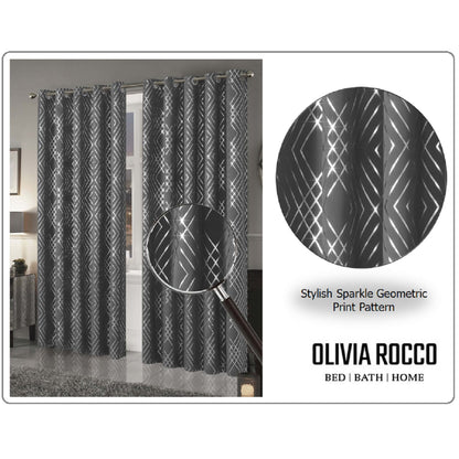 Charcoal and Silver Geo Sparkle Blackout Eyelet Curtain Pair
