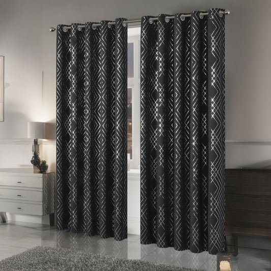 Black and Silver Geo Sparkle Blackout Eyelet Curtain Pair