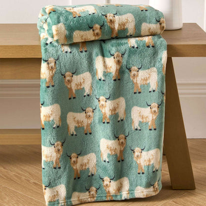 Highland Cow Blanket Flannel Throw - Green