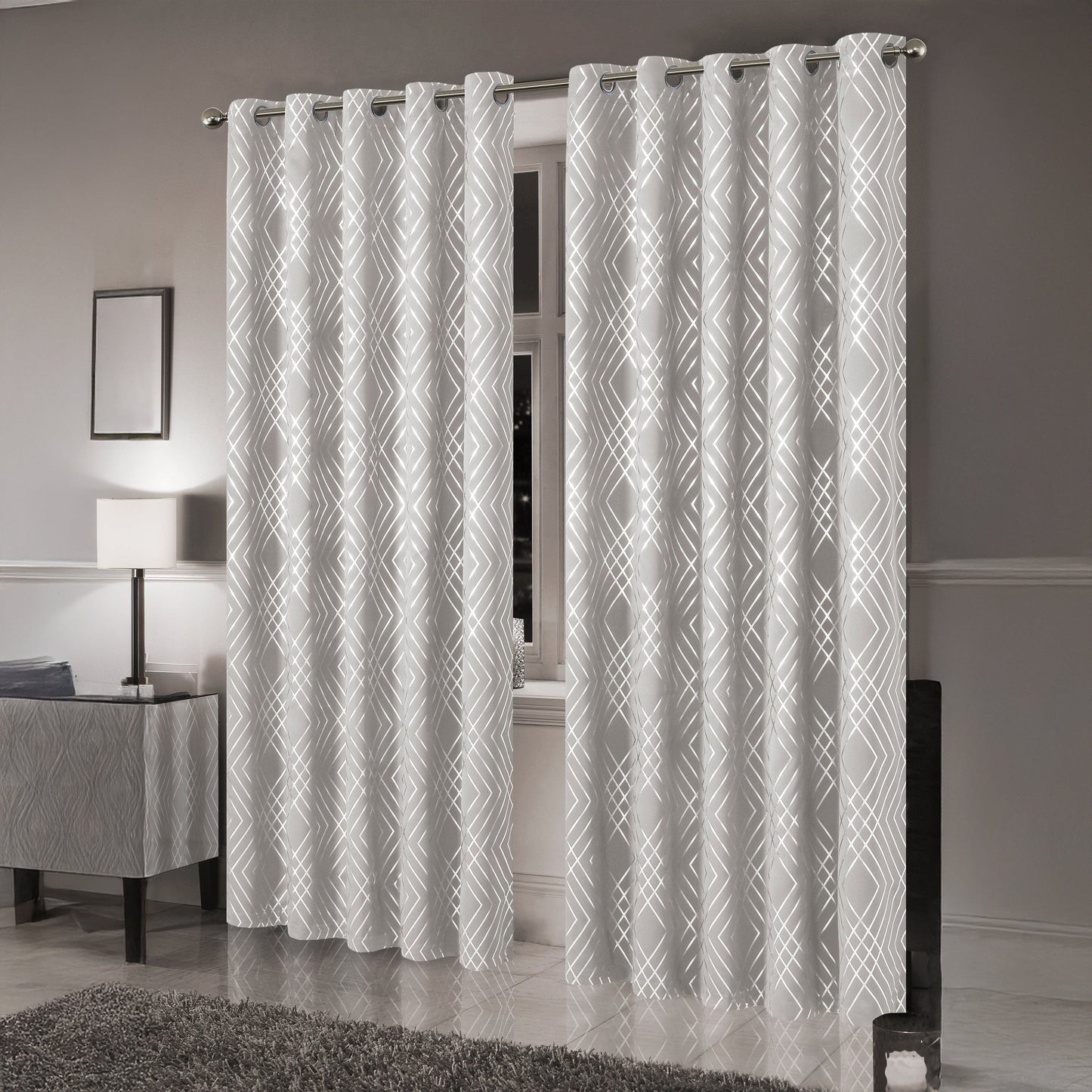 Natural Beige and Silver Geo Sparkle Blackout Eyelet Curtain Pair