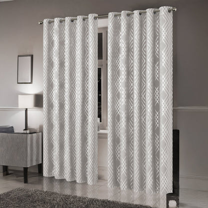 Natural Beige and Silver Geo Sparkle Blackout Eyelet Curtain Pair