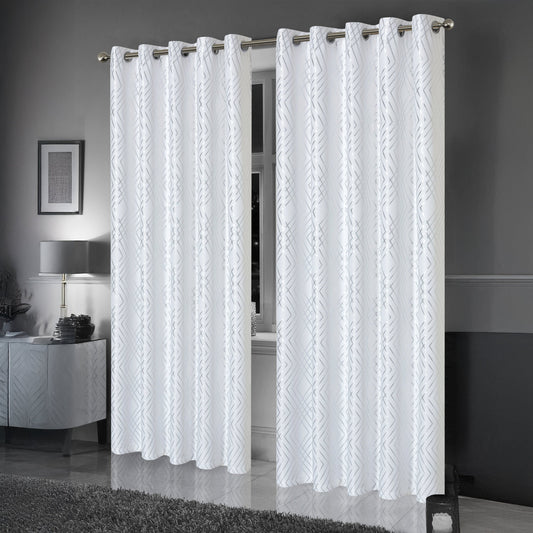White and Silver Geo Sparkle Blackout Eyelet Curtain Pair