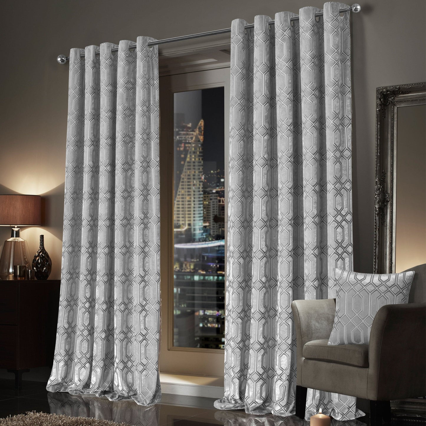 Grey Geo Velvet Thermal Blackout Eyelet Luxury Curtain Pair