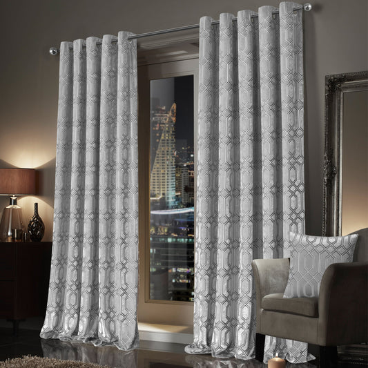 Grey Geo Velvet Thermal Blackout Eyelet Luxury Curtain Pair