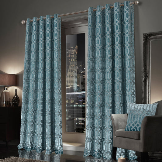 Teal Blue Geo Velvet Thermal Blackout Eyelet Luxury Curtain Pair