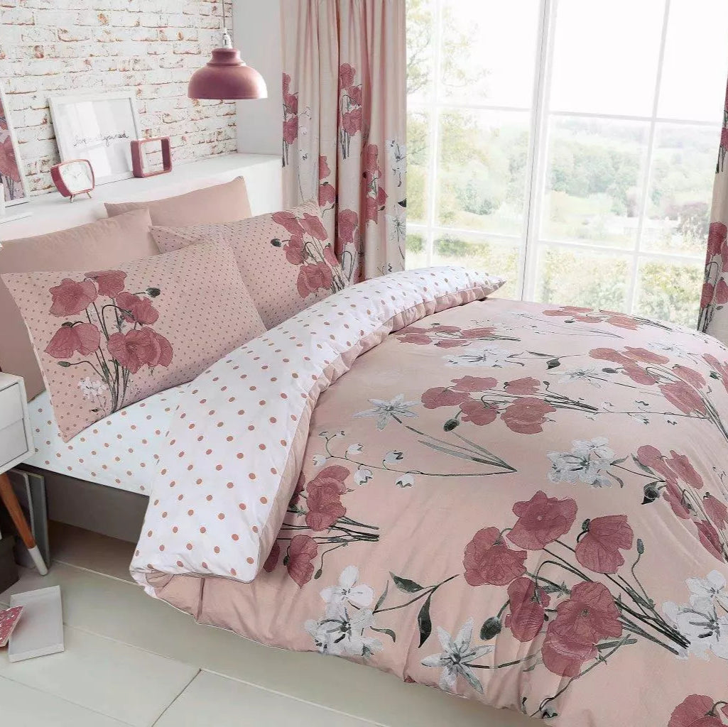 Pale Pink Poppy Floral Reversible Duvet Set