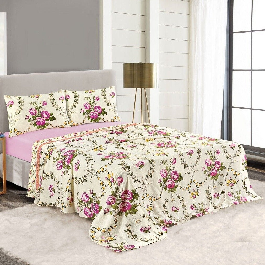 Pink Floral Flannelette Brushed Cotton Thermal Sheet Set