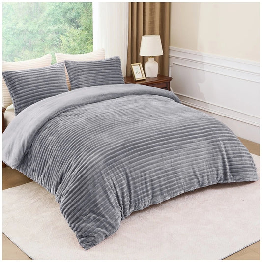 Chunky Rib Teddy Fleece Duvet Set Silver