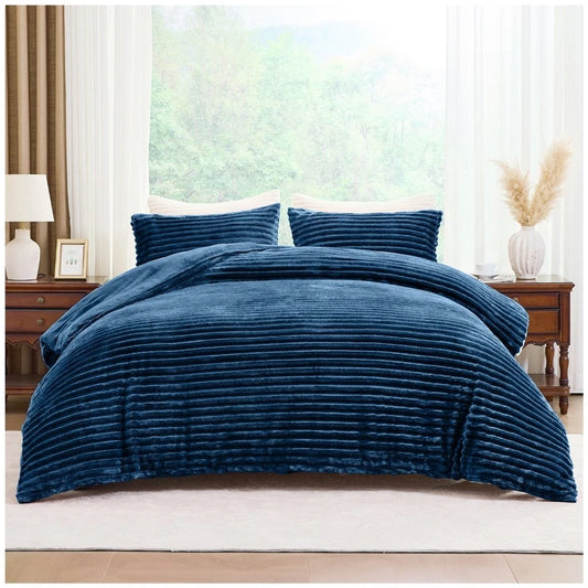 Chunky Rib Teddy Fleece Duvet Set Navy Blue