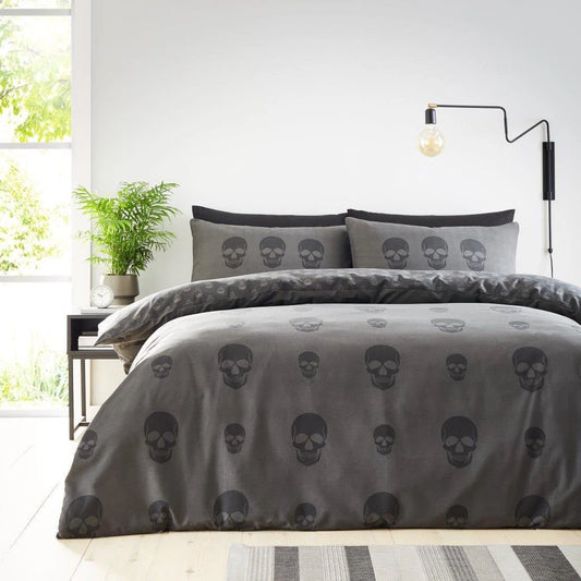 Charcoal Grey Skull Reversible Duvet Set