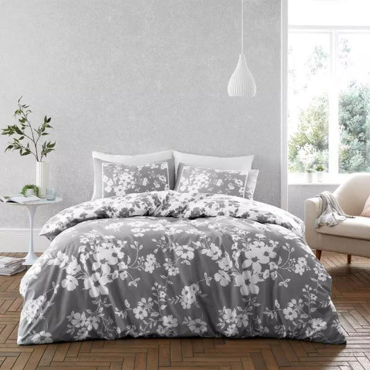 Grey and White Eliza Floral Reversible Duvet Set