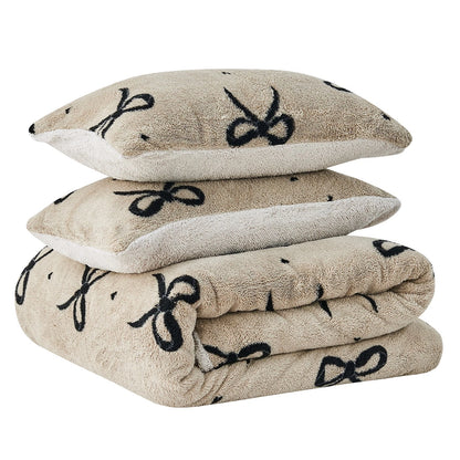 Natural Bow Teddy Duvet Set With Reversible Sherpa Fleece Fur