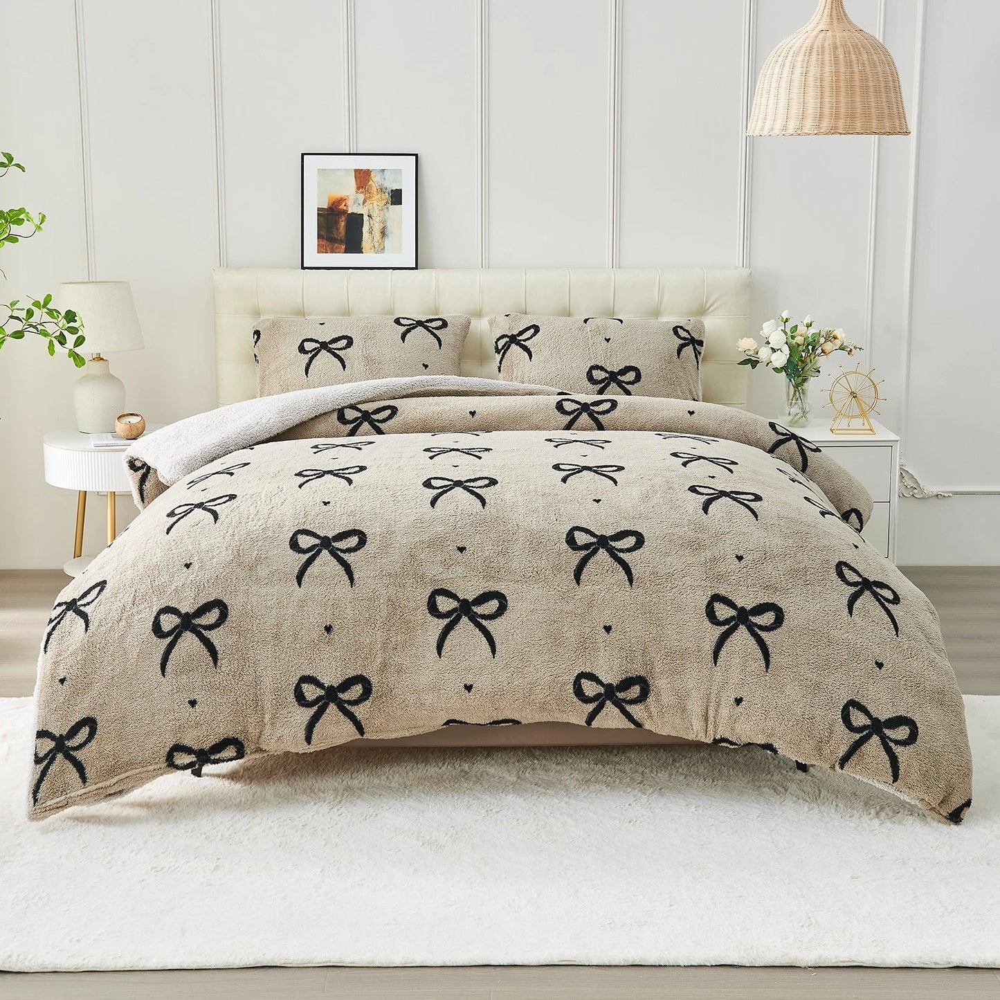Natural Bow Teddy Duvet Set With Reversible Sherpa Fleece Fur