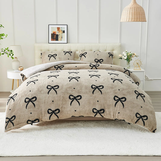 Natural Bow Teddy Duvet Set With Reversible Sherpa Fleece Fur