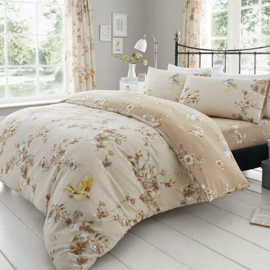 Natural Brown Birdie Blossom Floral Reversible Duvet Set