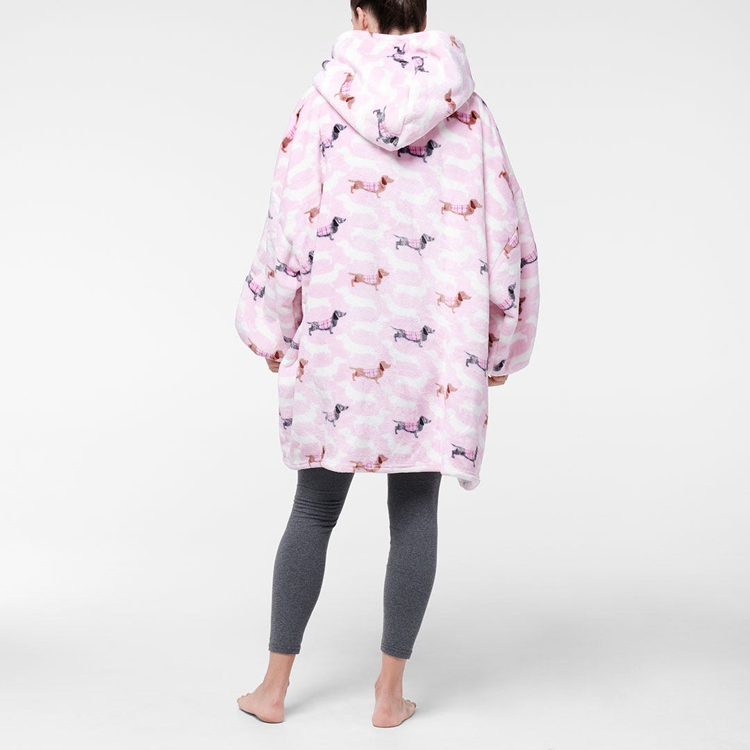 NEW Extra Thick Oversized Sherpa Fleece Hoodie Blanket Pink Dachshunds