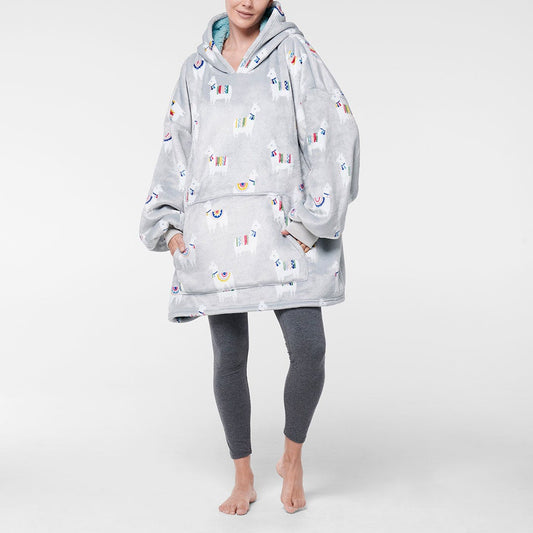 NEW Extra Thick Oversized Sherpa Fleece Hoodie Blanket Grey Llama