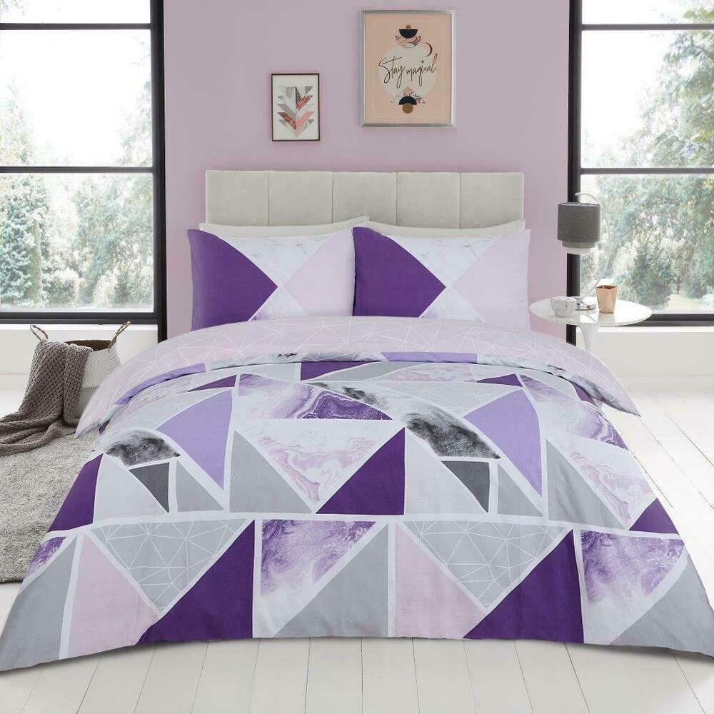 Geometric Marble Purple Mila Reversible Duvet Set GC