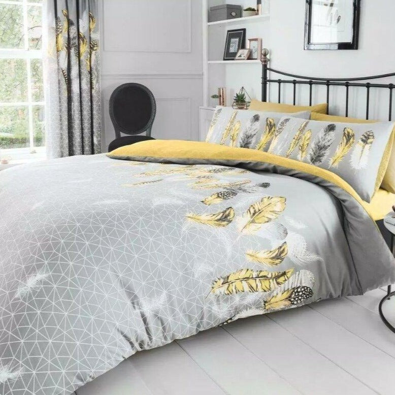 Feathers Grey / Ochre Reversible Duvet Set GC