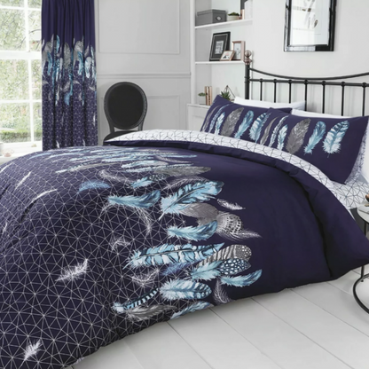 Feathers Navy / Teal Reversible Duvet Set GC