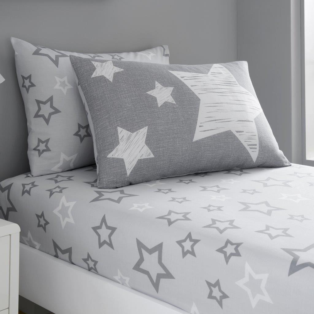 Grey Star Patterned Single Fitted Printed Sheet With Pillowcase